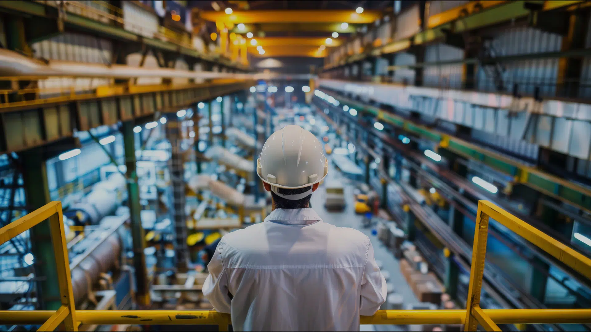 Engineer with safety helmet looks at production in factory hall.
